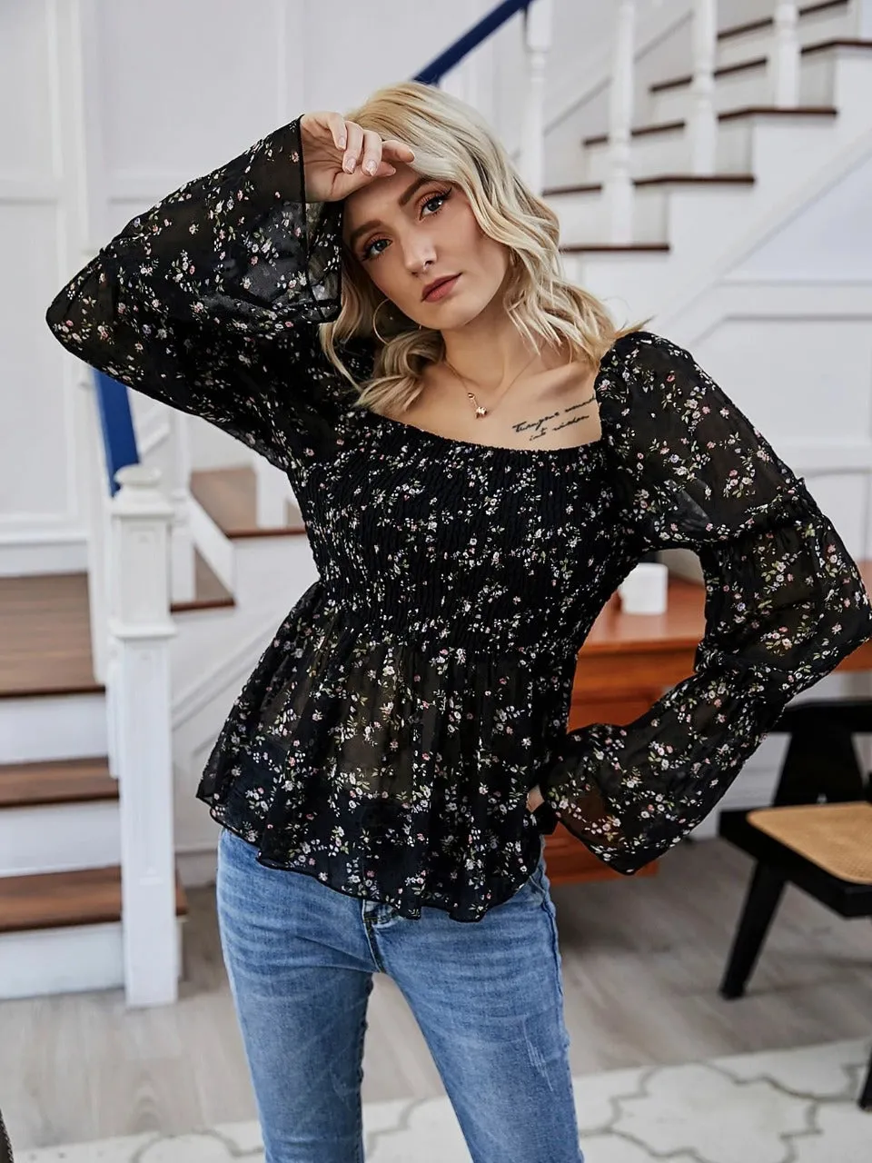 Floral Print Flounce Sleeve Shirred Chiffon Blouse( clearance sale