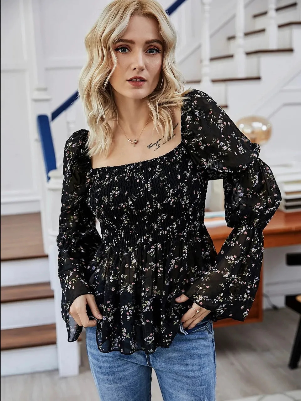 Floral Print Flounce Sleeve Shirred Chiffon Blouse( clearance sale