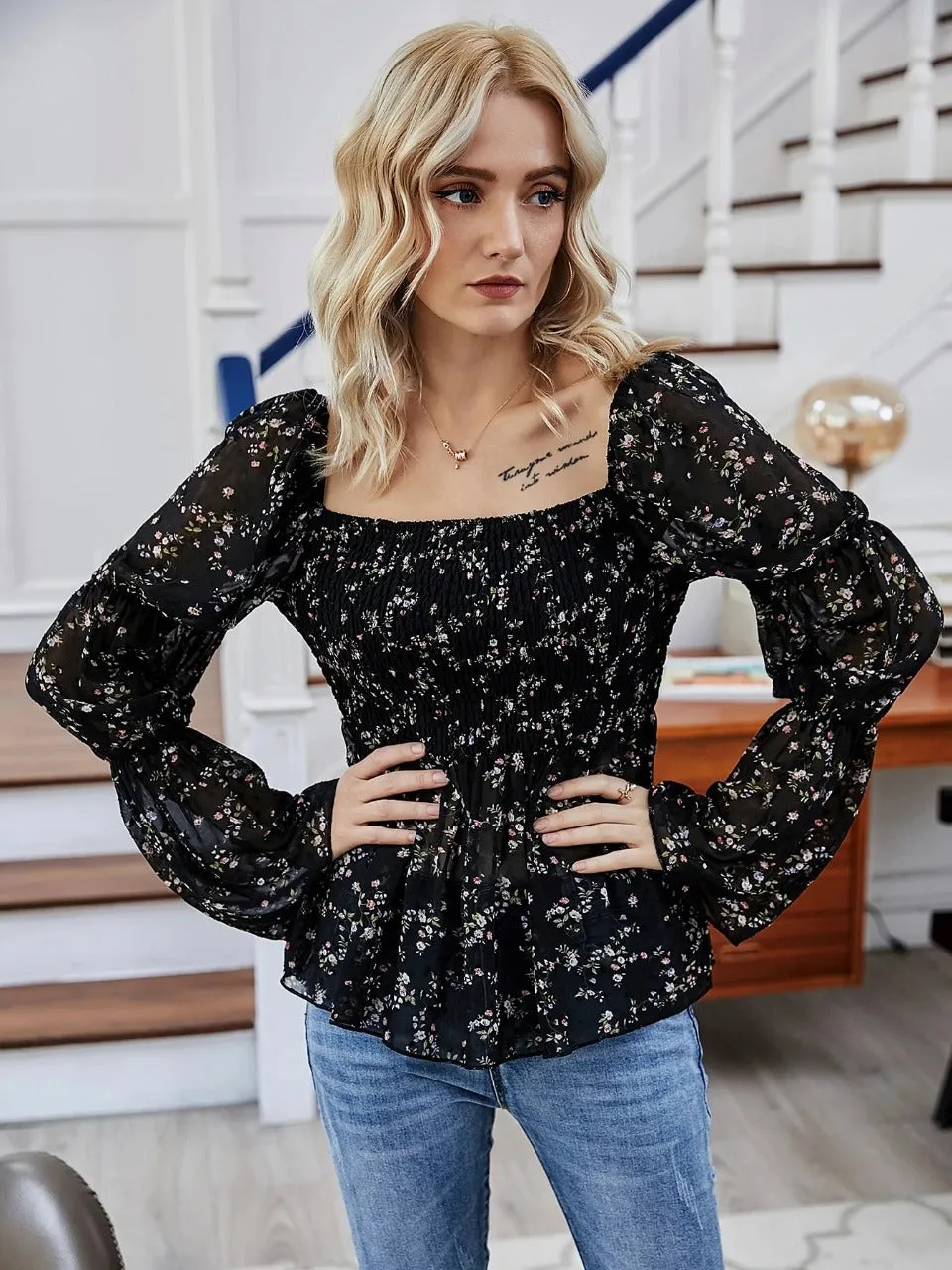 Floral Print Flounce Sleeve Shirred Chiffon Blouse( clearance sale