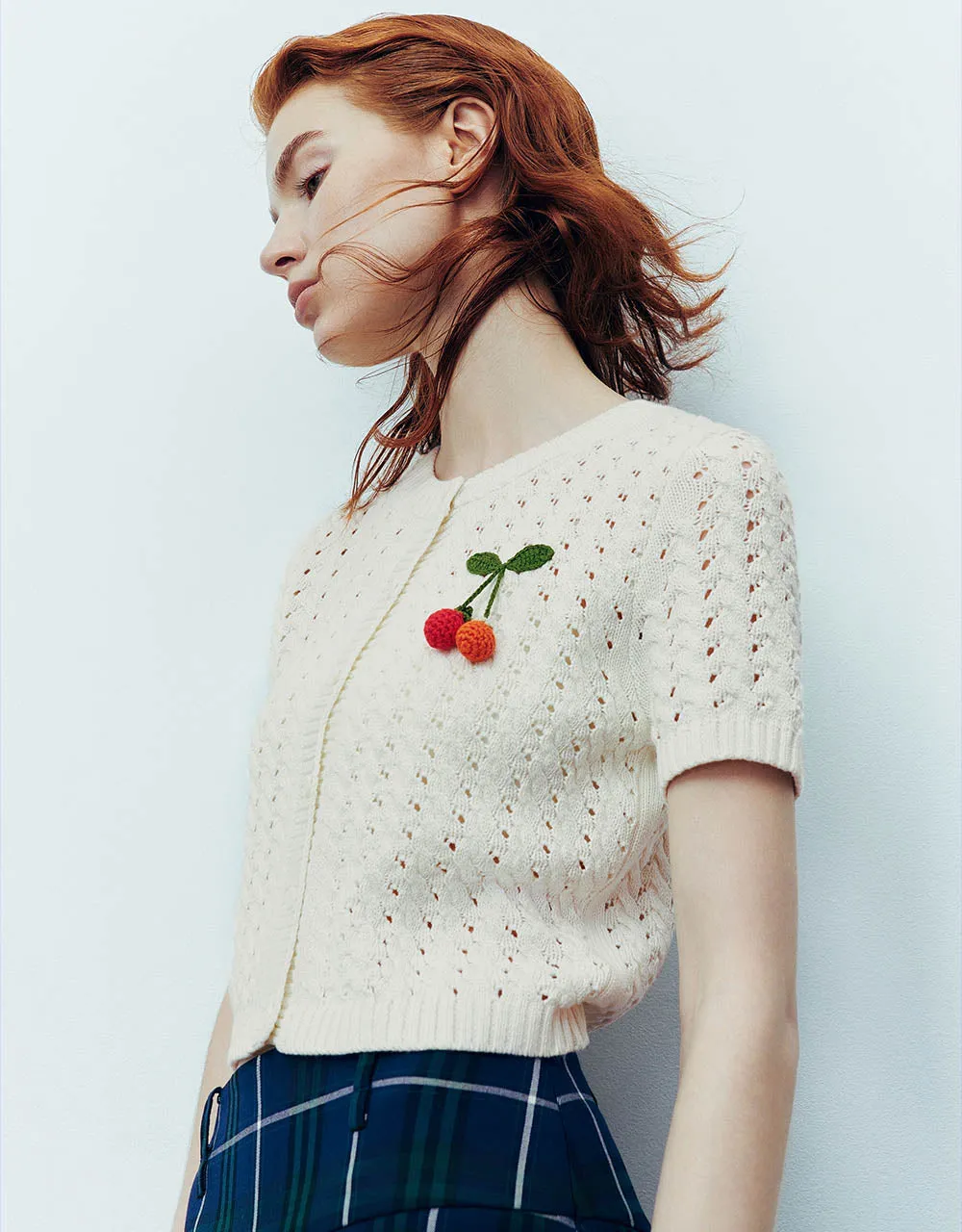 Fruit Embroidered Crew Neck Knitted Cardigan