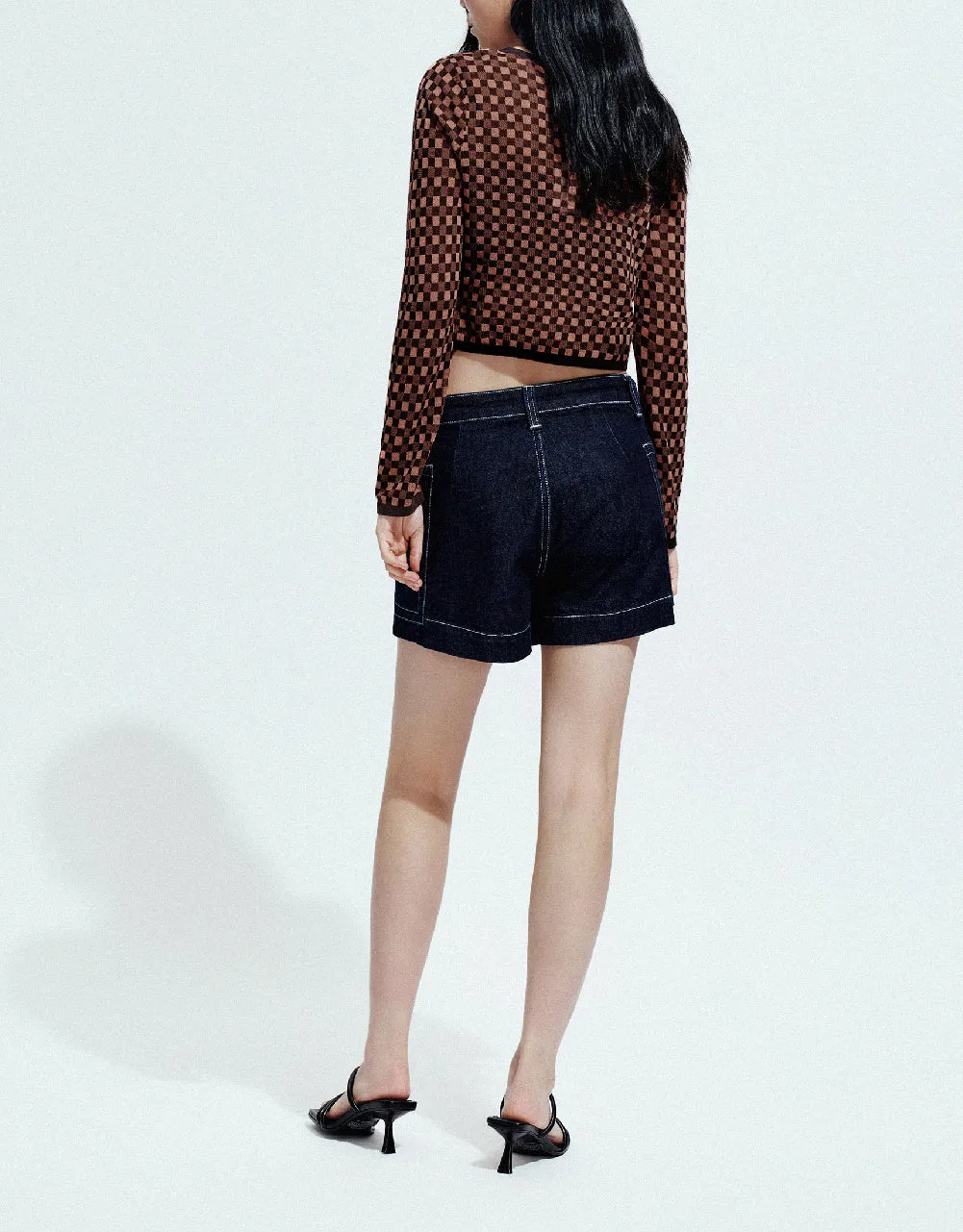 Gingham U Neck Knitted Cardigan