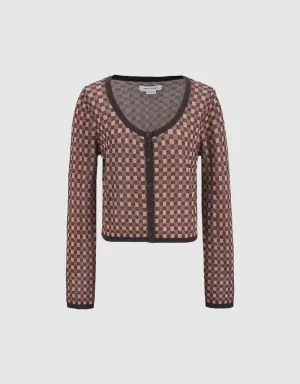 Gingham U Neck Knitted Cardigan