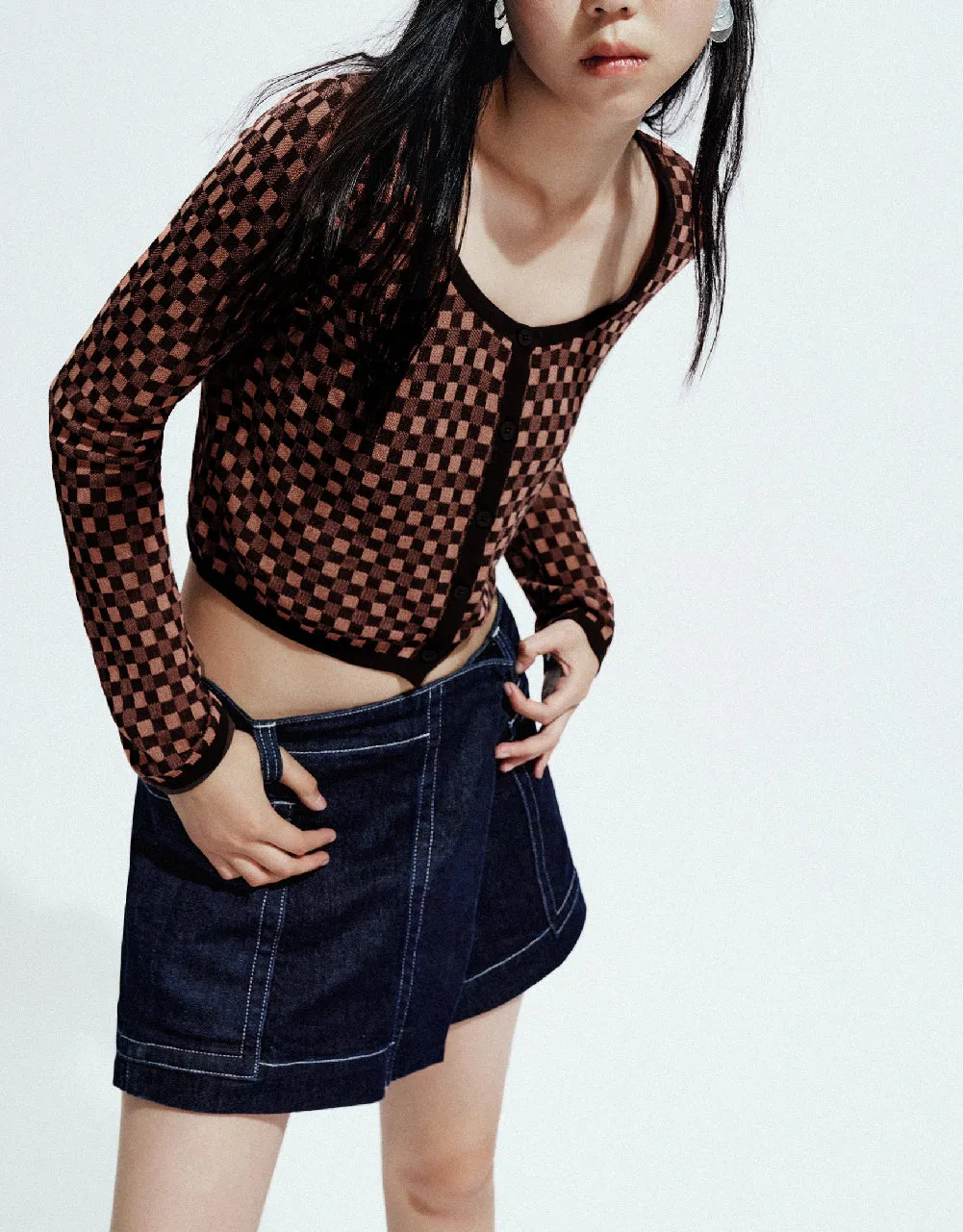 Gingham U Neck Knitted Cardigan