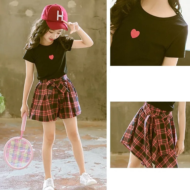 Girls Short-sleeved Blouse   Culottes Two-piece Suit (Color:Black Size:110)