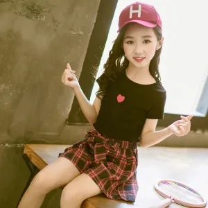 Girls Short-sleeved Blouse   Culottes Two-piece Suit (Color:Black Size:110)