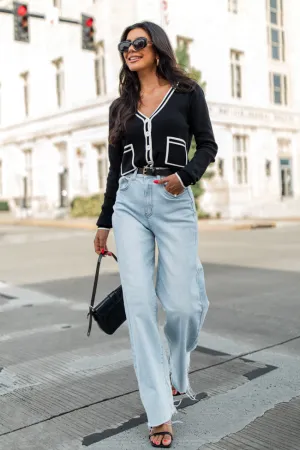 Gives Me Time Black and Ivory Contrast Trim Cardigan FINAL SALE