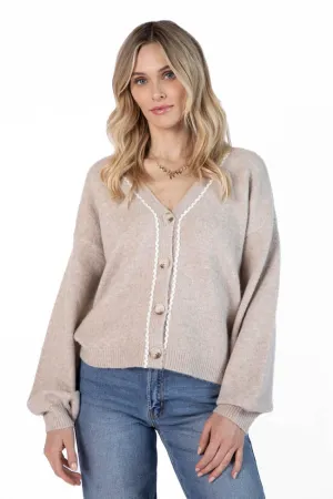 Good Graces Beige and Ivory Rickrack Trim Cardigan SALE