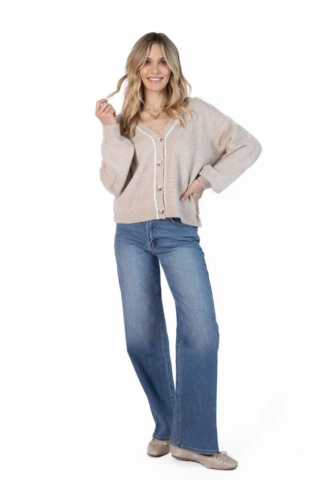 Good Graces Beige and Ivory Rickrack Trim Cardigan SALE