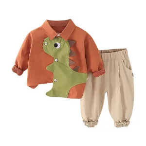 Green Applique Dino Button up 2pcs Shirt/Pants Set for Toddlers/Kids