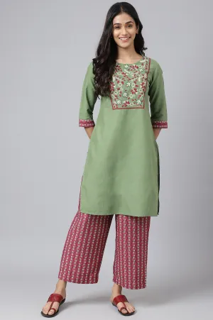 Green Embroidered kurta With Maroon Printed Culottes