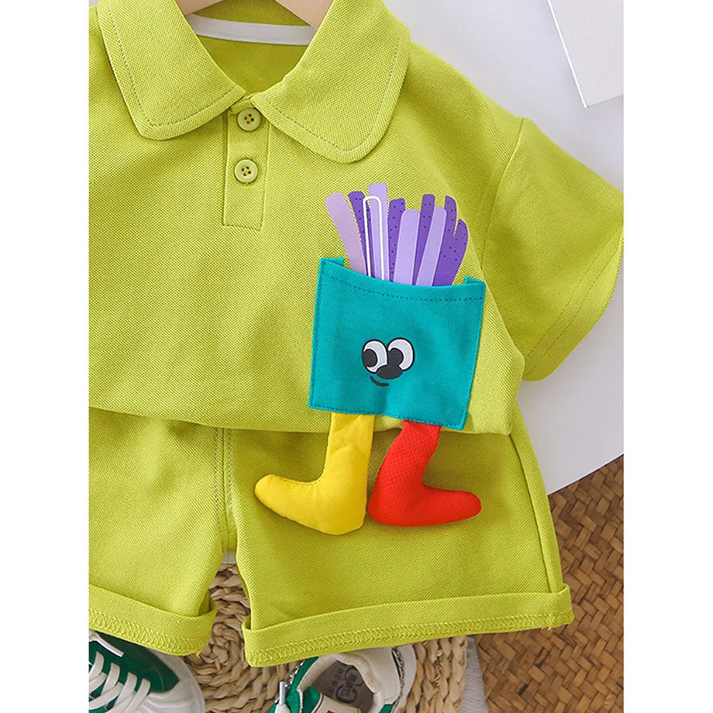 Green French Fries Themed 2 Pcs Shorts Set For Toddlers And Kids