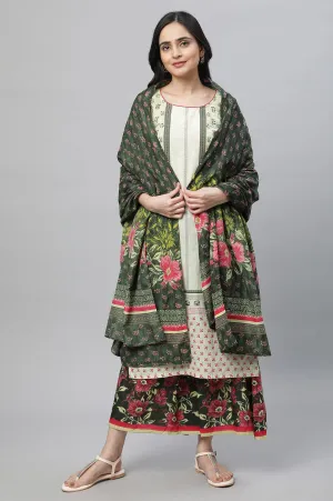 Green Printed Kurta, Culottes & Dupatta Set