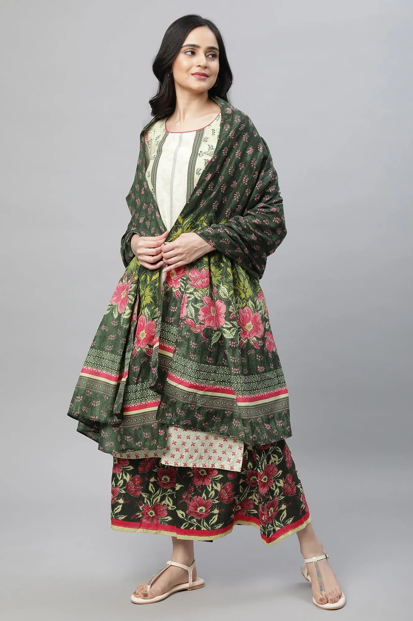 Green Printed Kurta, Culottes & Dupatta Set