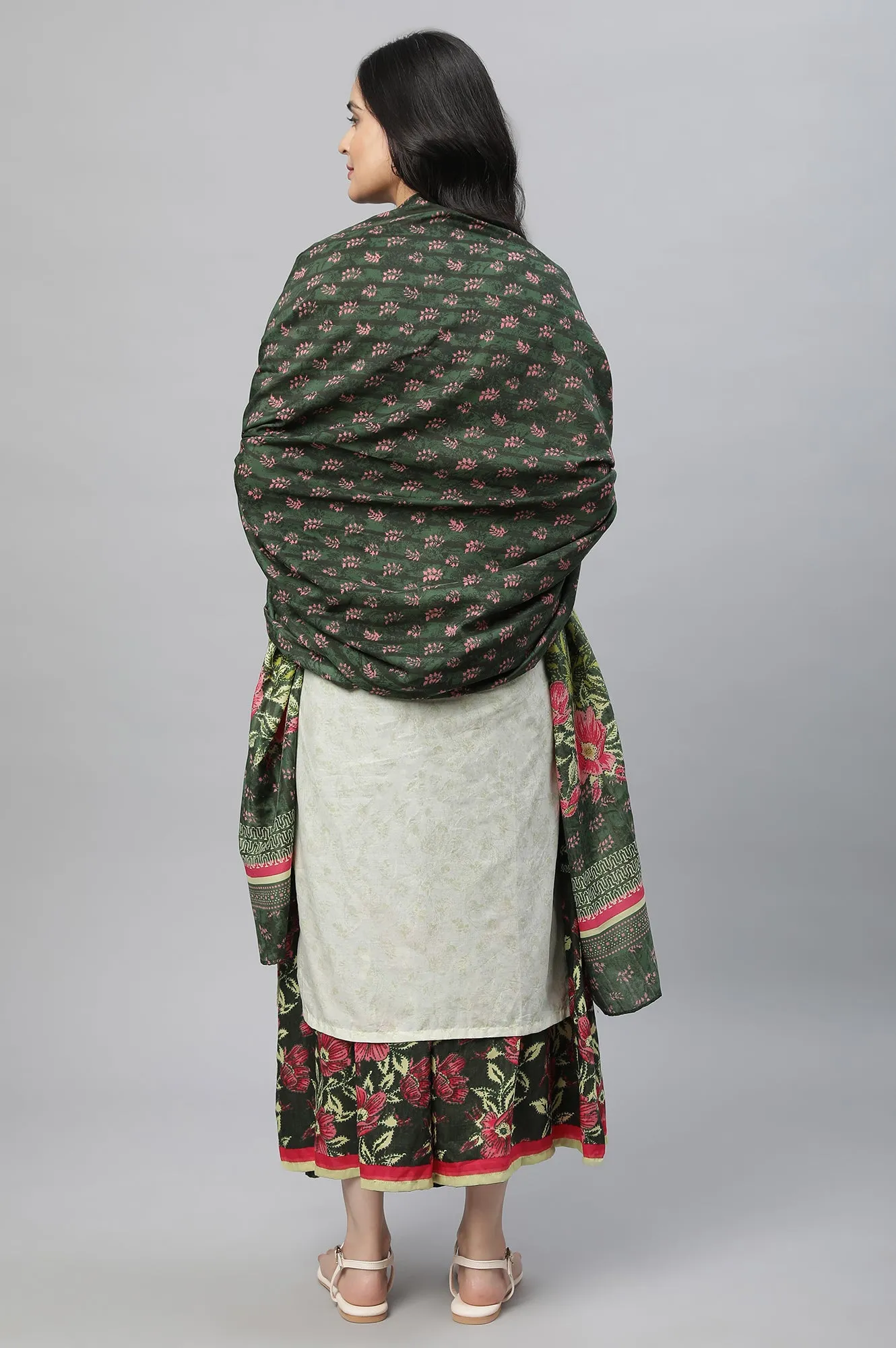 Green Printed Kurta, Culottes & Dupatta Set