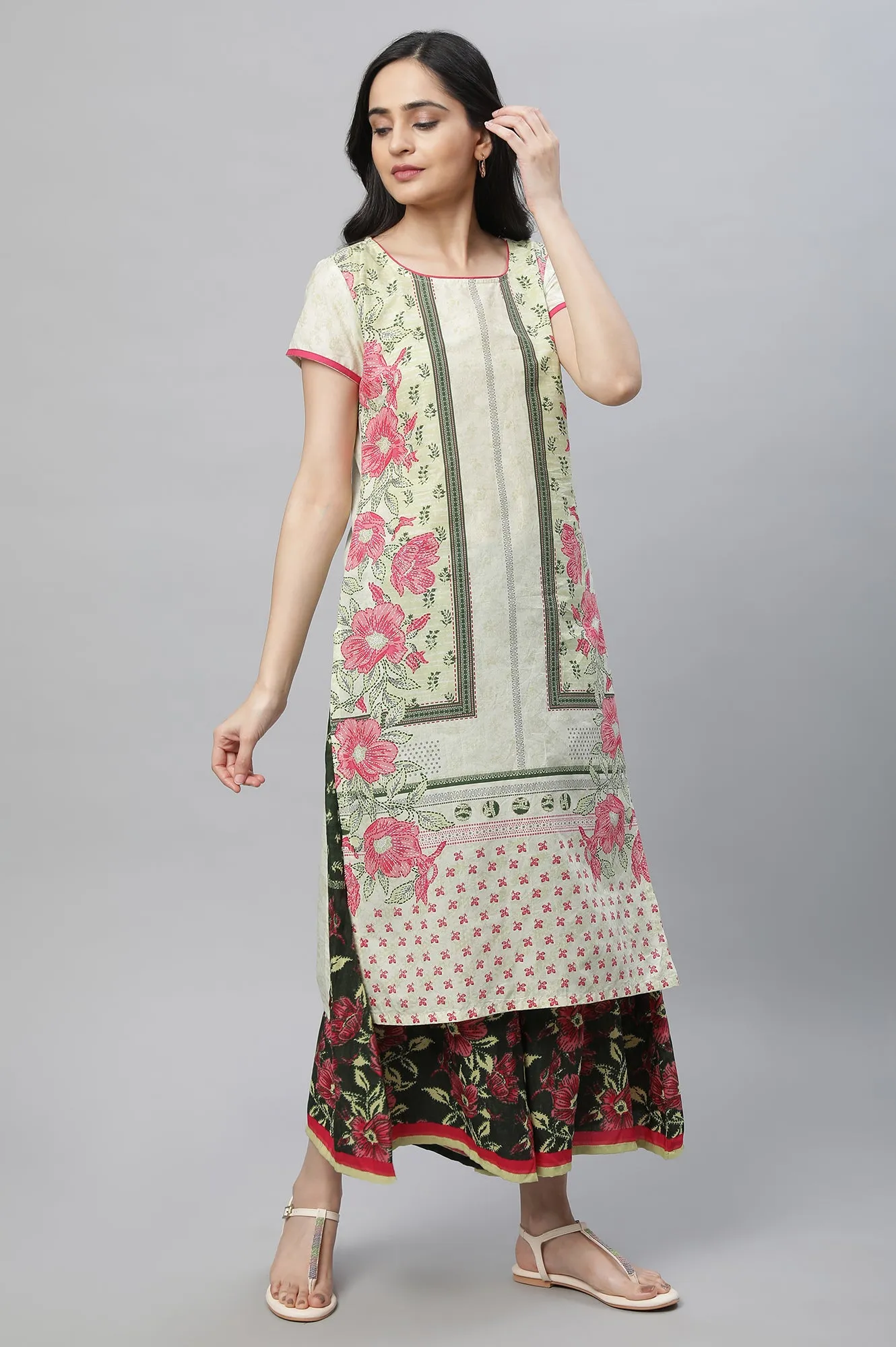 Green Printed Kurta, Culottes & Dupatta Set