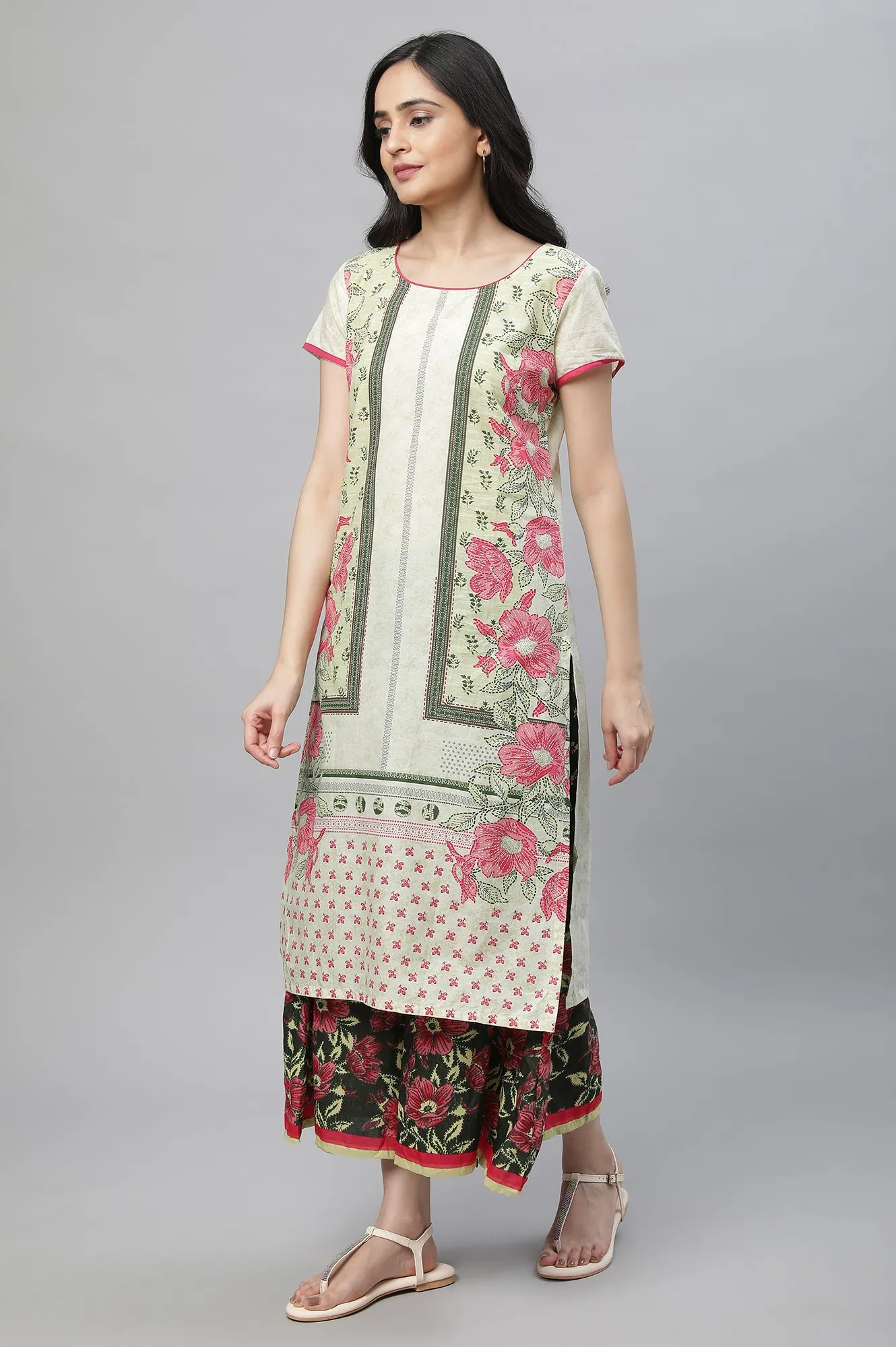 Green Printed Kurta, Culottes & Dupatta Set