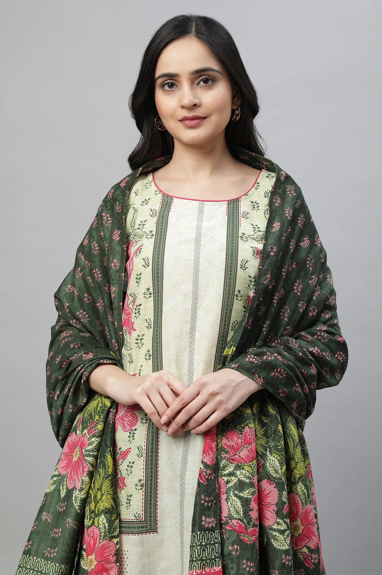 Green Printed Kurta, Culottes & Dupatta Set