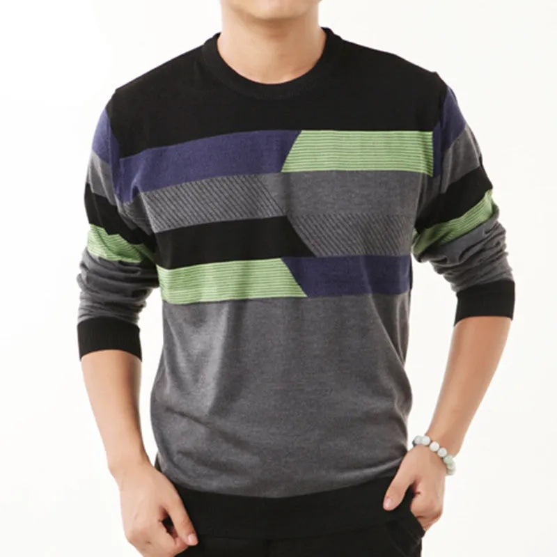 HS High Quality Autumn Winter Dress Striped Cashmere Wool Pullover Men Sweater Casual Shirts O-Neck Clothing S - XXXXL