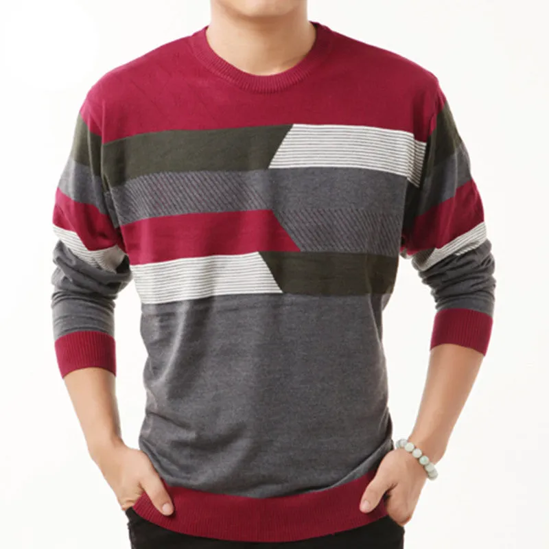 HS High Quality Autumn Winter Dress Striped Cashmere Wool Pullover Men Sweater Casual Shirts O-Neck Clothing S - XXXXL