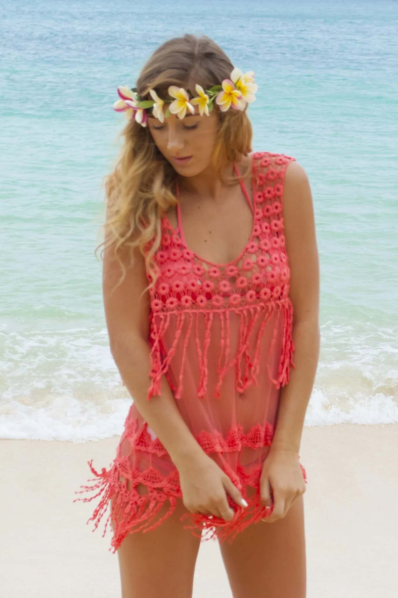 Lace Crochet Tank in Coral