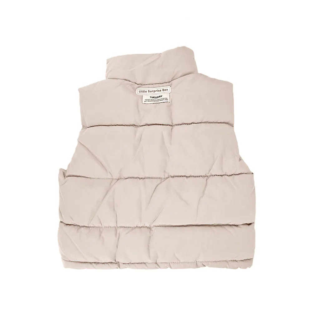 Light Brown Puffer Jacket And Matching Track Suit 3 Pcs Winterwear Set For Toddlers And Kids