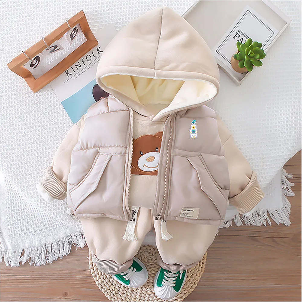 Light Brown Puffer Jacket And Matching Track Suit 3 Pcs Winterwear Set For Toddlers And Kids