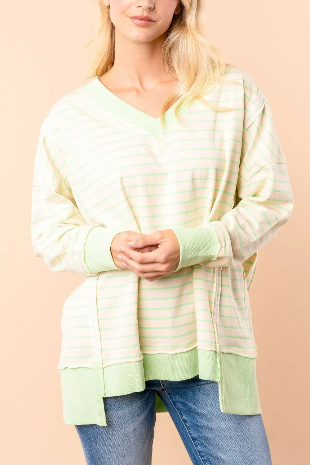 LONG SLEEVE STRIPED KNIT PULLOVER LIME