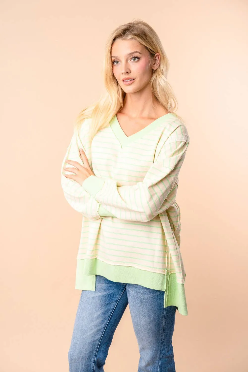 LONG SLEEVE STRIPED KNIT PULLOVER LIME