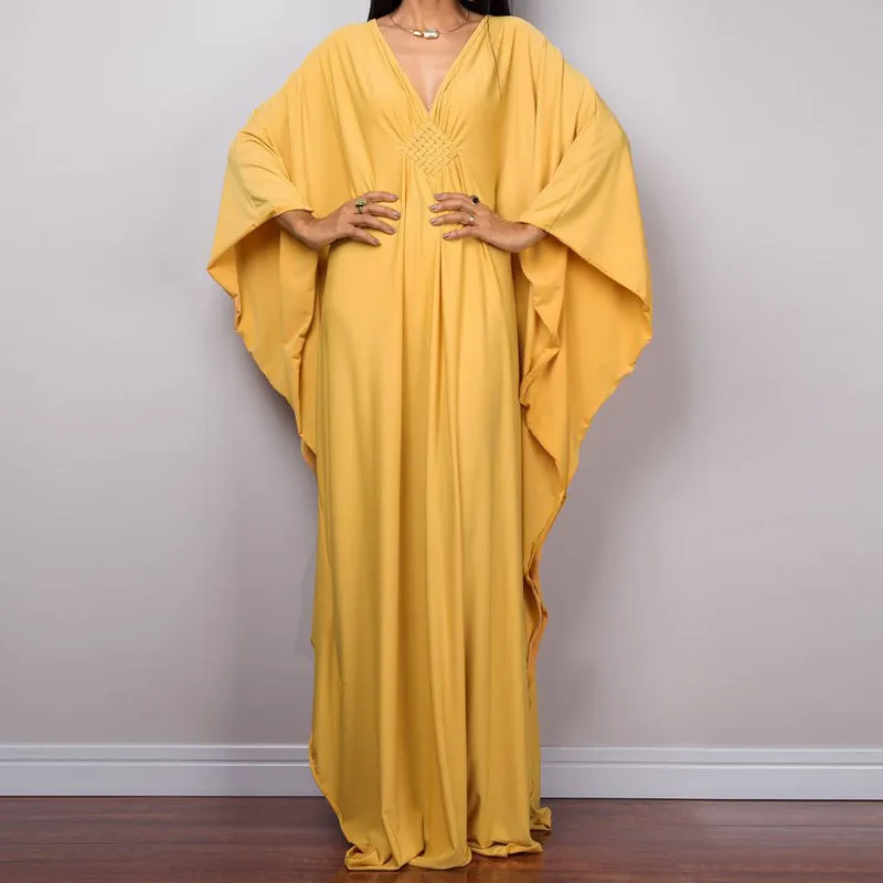 Loose V neck Plus Size Long Solid Color Bikini Cover-Up