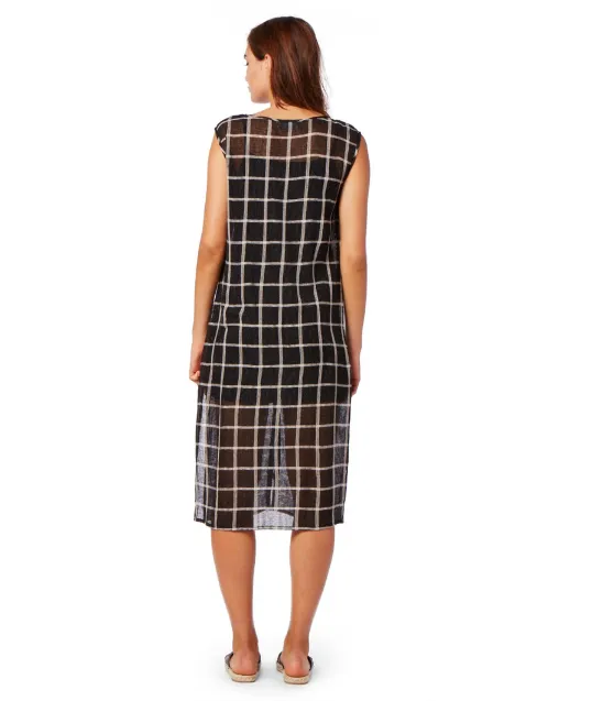 Michael Stars Plaid Mesh Tank Button Down Midi Dress | Black/Chalk