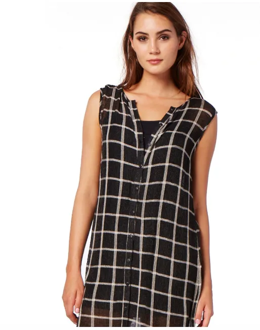 Michael Stars Plaid Mesh Tank Button Down Midi Dress | Black/Chalk