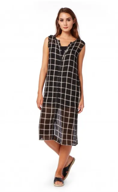 Michael Stars Plaid Mesh Tank Button Down Midi Dress | Black/Chalk