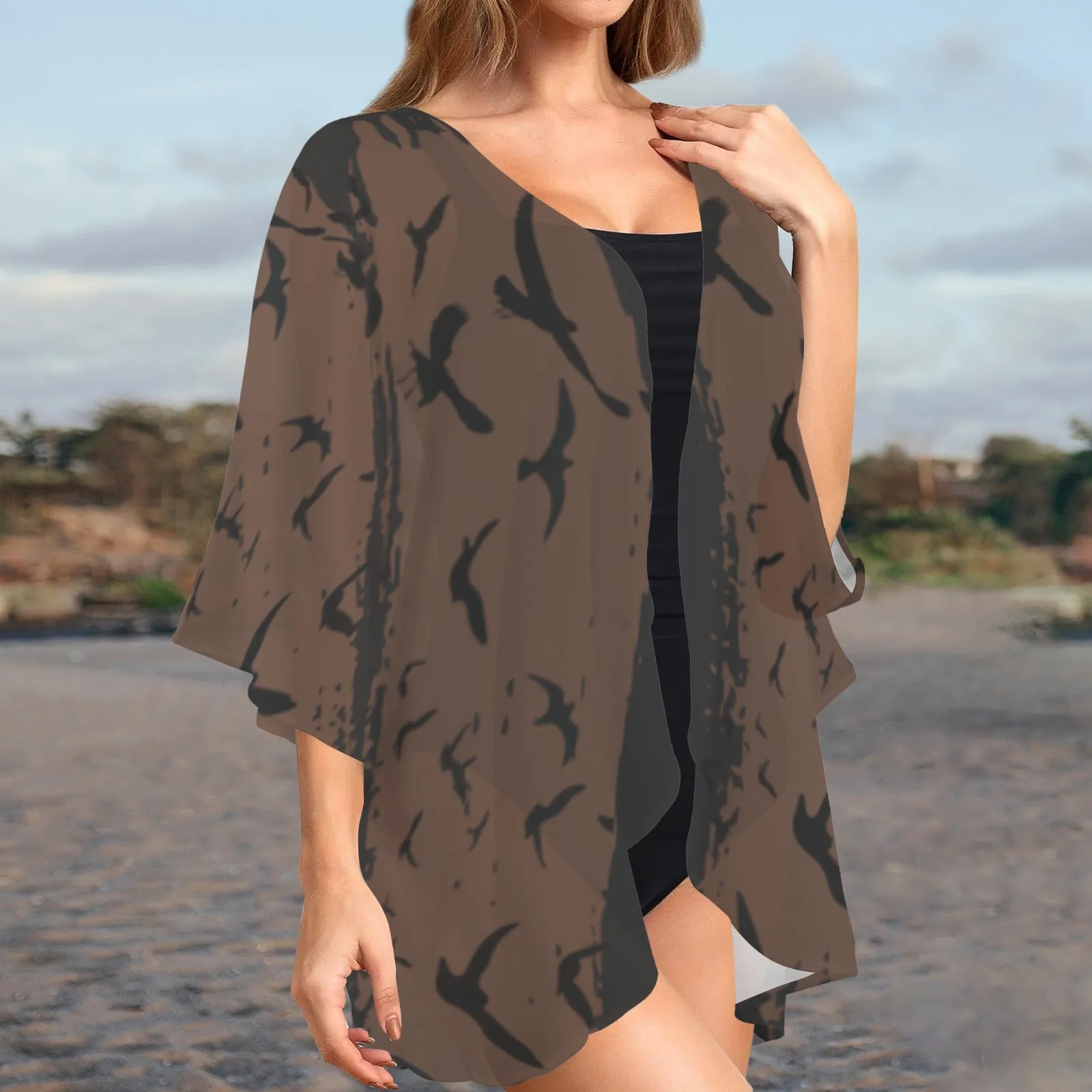 Murder of Crows Custom Kimono Chiffon Cover Up, Witchy Crow Lover Chiffon Wrap