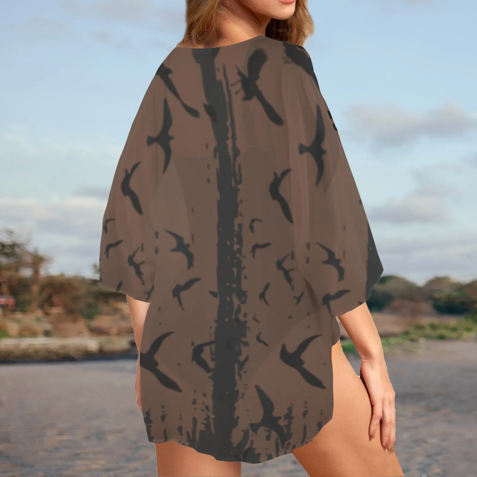 Murder of Crows Custom Kimono Chiffon Cover Up, Witchy Crow Lover Chiffon Wrap