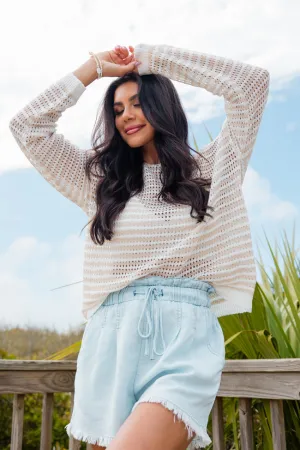 On The Coast Ivory and Beige Striped Boatneck Sweater SALE