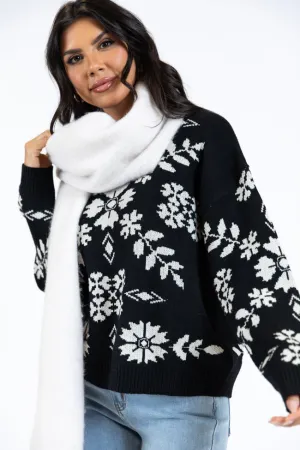 One More Shot Black Snowflake Printed Sweater FINAL SALE