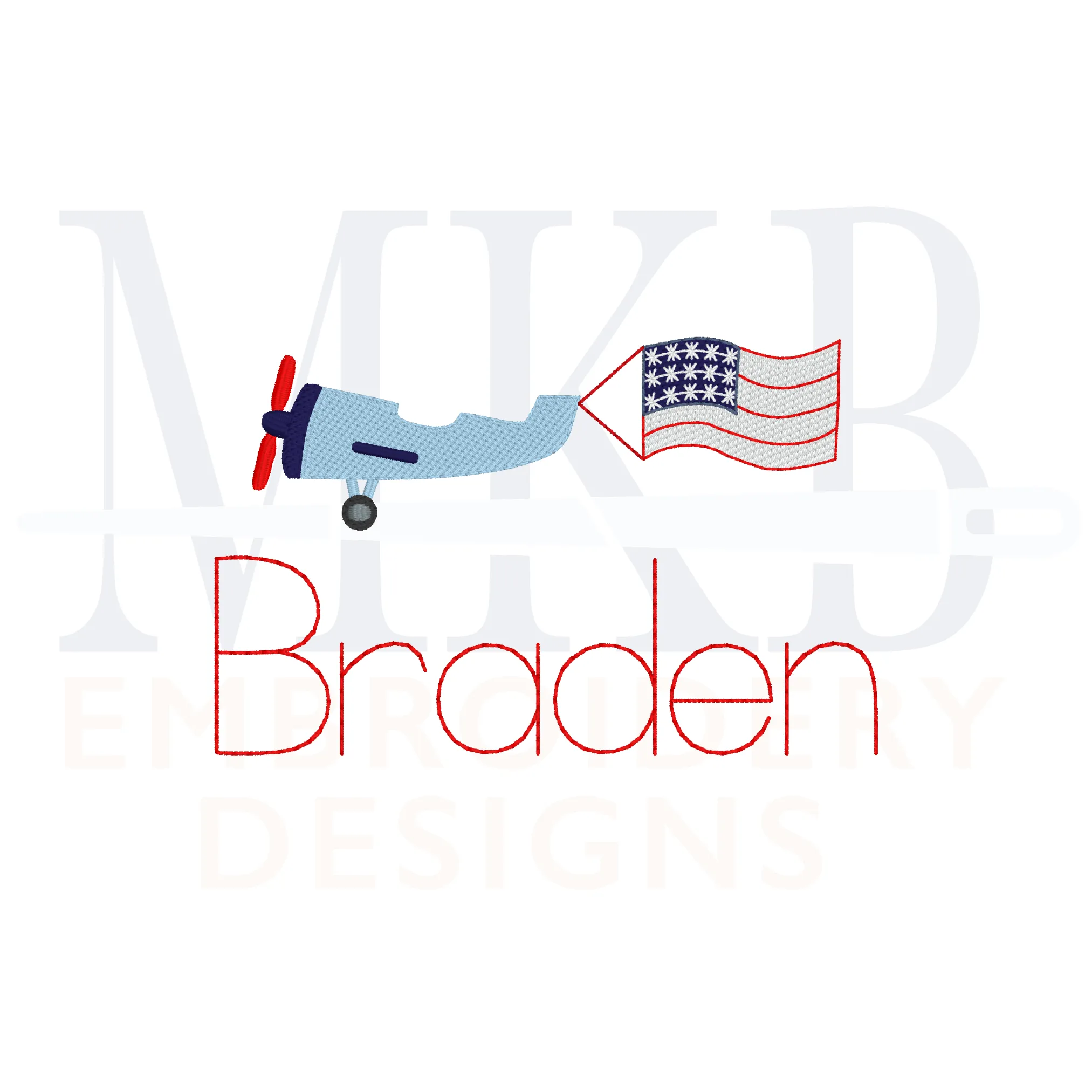 Patriotic Plane Waving Flag Light Fill Stitch Embroidery Design