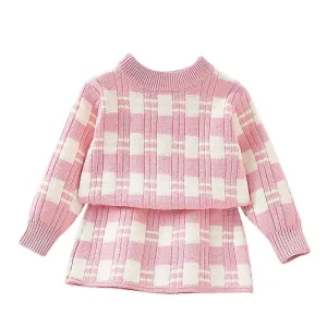 Pink & White Checkered Pull over style 2 pcs top & Skirt Winterwear set for Girls