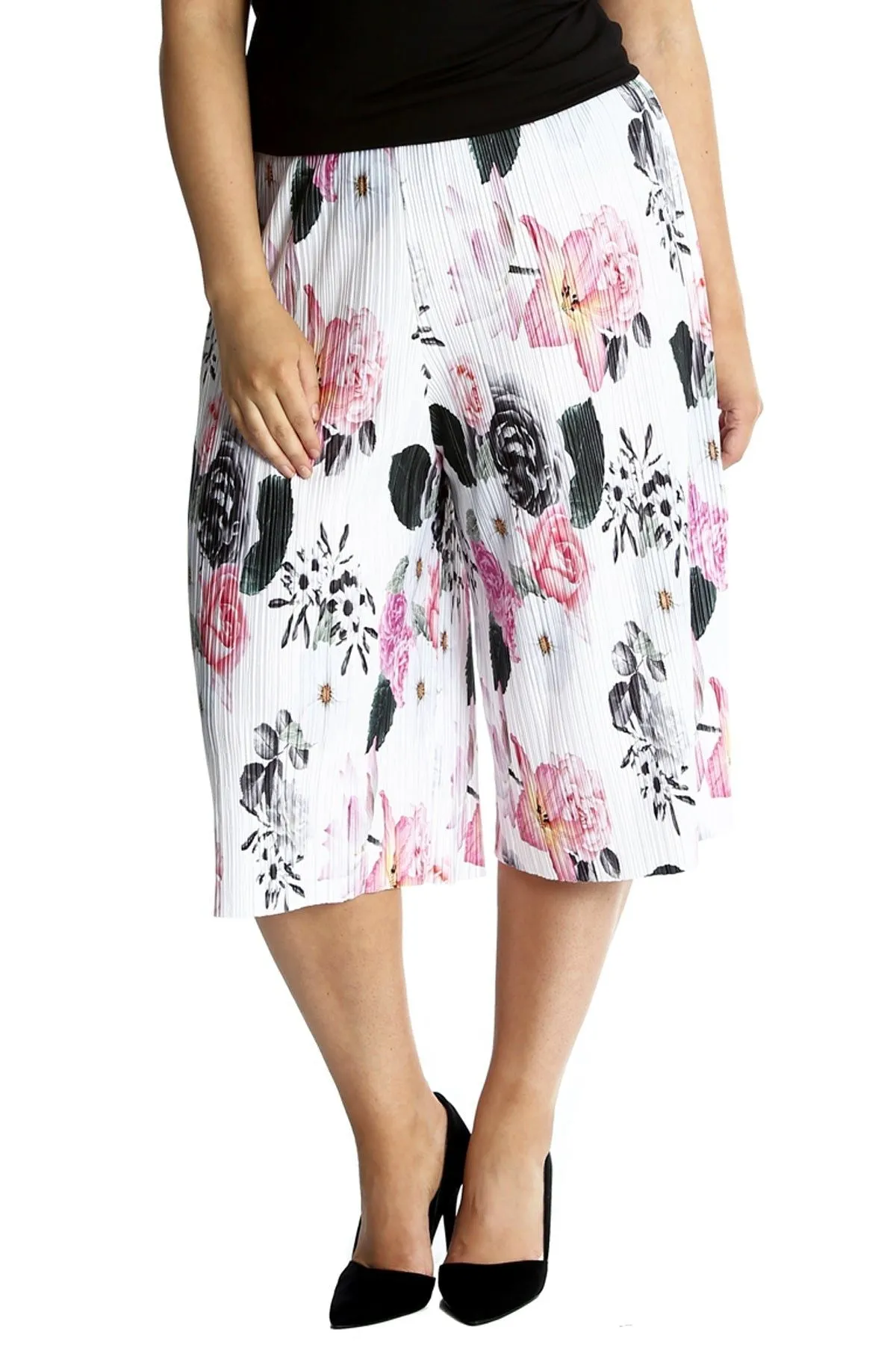 Plus Size Floral Print Crinkle Culottes
