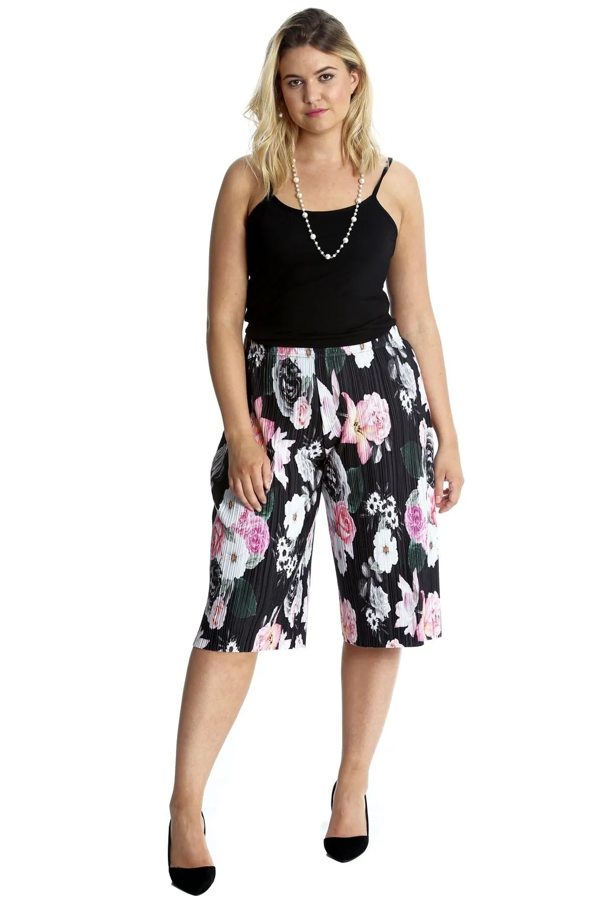Plus Size Floral Print Crinkle Culottes