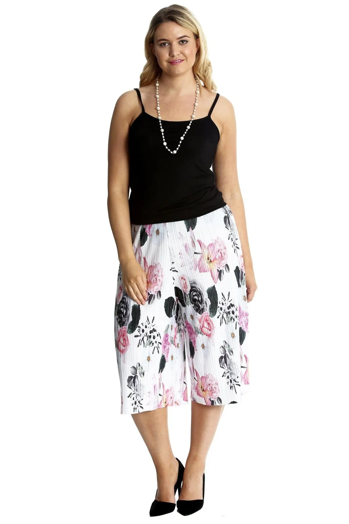 Plus Size Floral Print Crinkle Culottes