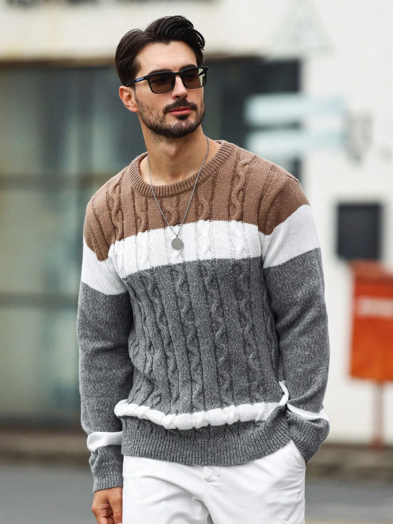 QA Homme Men's Color Blocking Cable Knitted Sweater , Crew Neck Long Sleeve Knit Block Light Grey Going Out Business Casual Husband