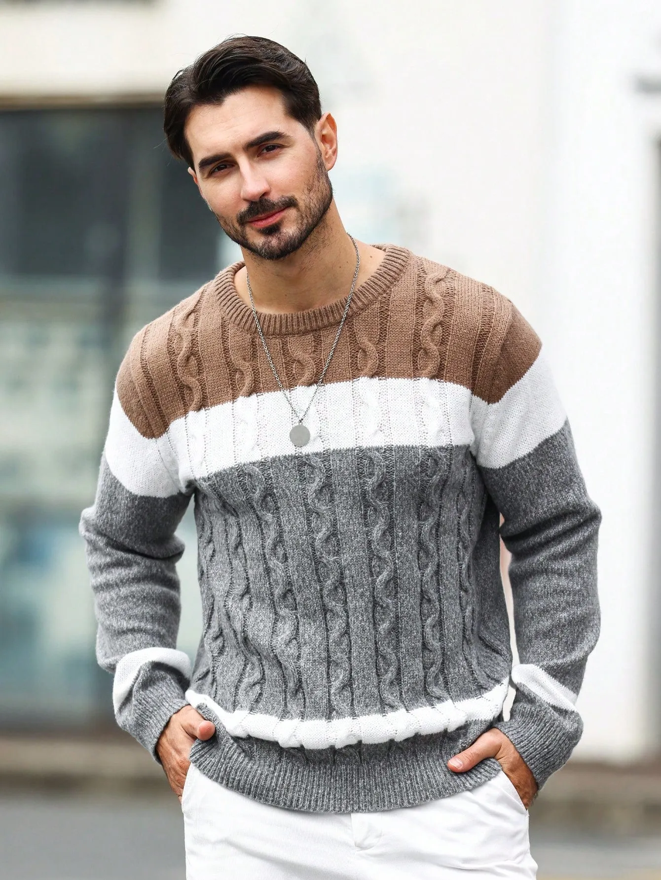 QA Homme Men's Color Blocking Cable Knitted Sweater , Crew Neck Long Sleeve Knit Block Light Grey Going Out Business Casual Husband
