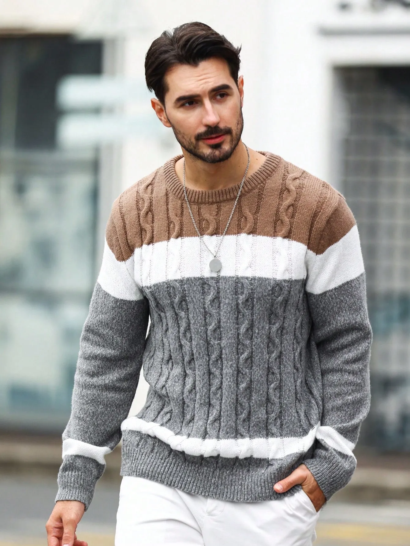 QA Homme Men's Color Blocking Cable Knitted Sweater , Crew Neck Long Sleeve Knit Block Light Grey Going Out Business Casual Husband