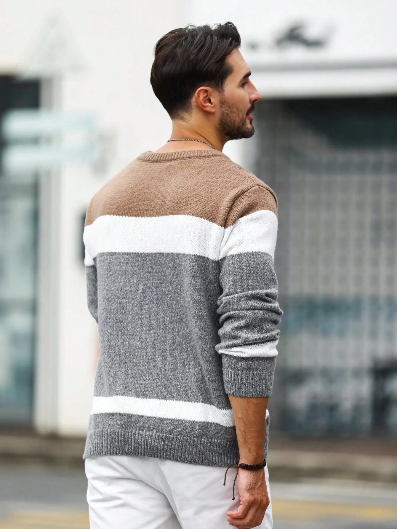 QA Homme Men's Color Blocking Cable Knitted Sweater , Crew Neck Long Sleeve Knit Block Light Grey Going Out Business Casual Husband