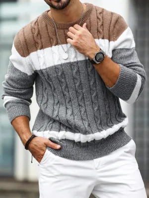 QA Homme Men's Color Blocking Cable Knitted Sweater , Crew Neck Long Sleeve Knit Block Light Grey Going Out Business Casual Husband