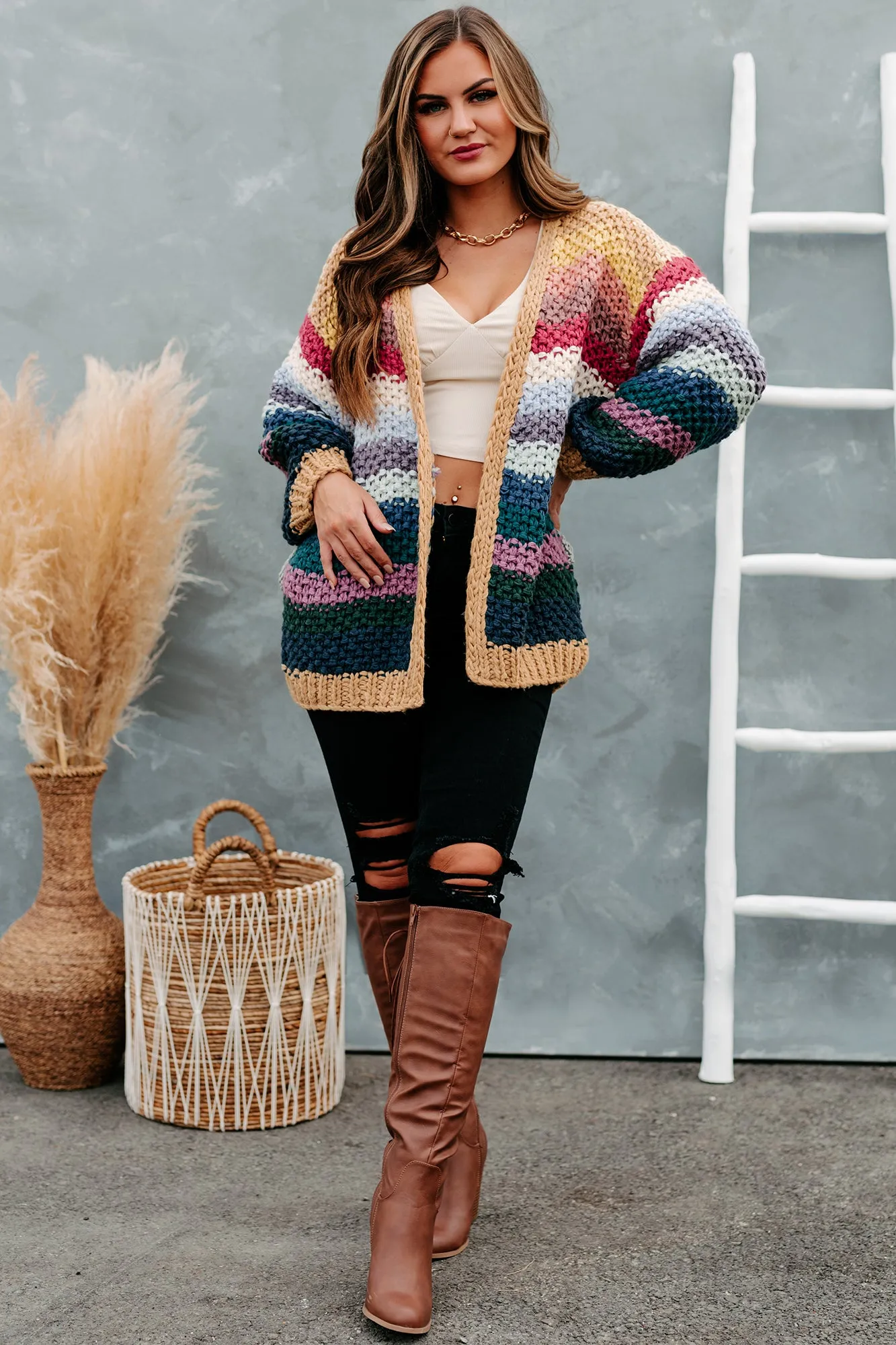 Rainbow Reveal Crochet Knit Cardigan (Neutral Multi)