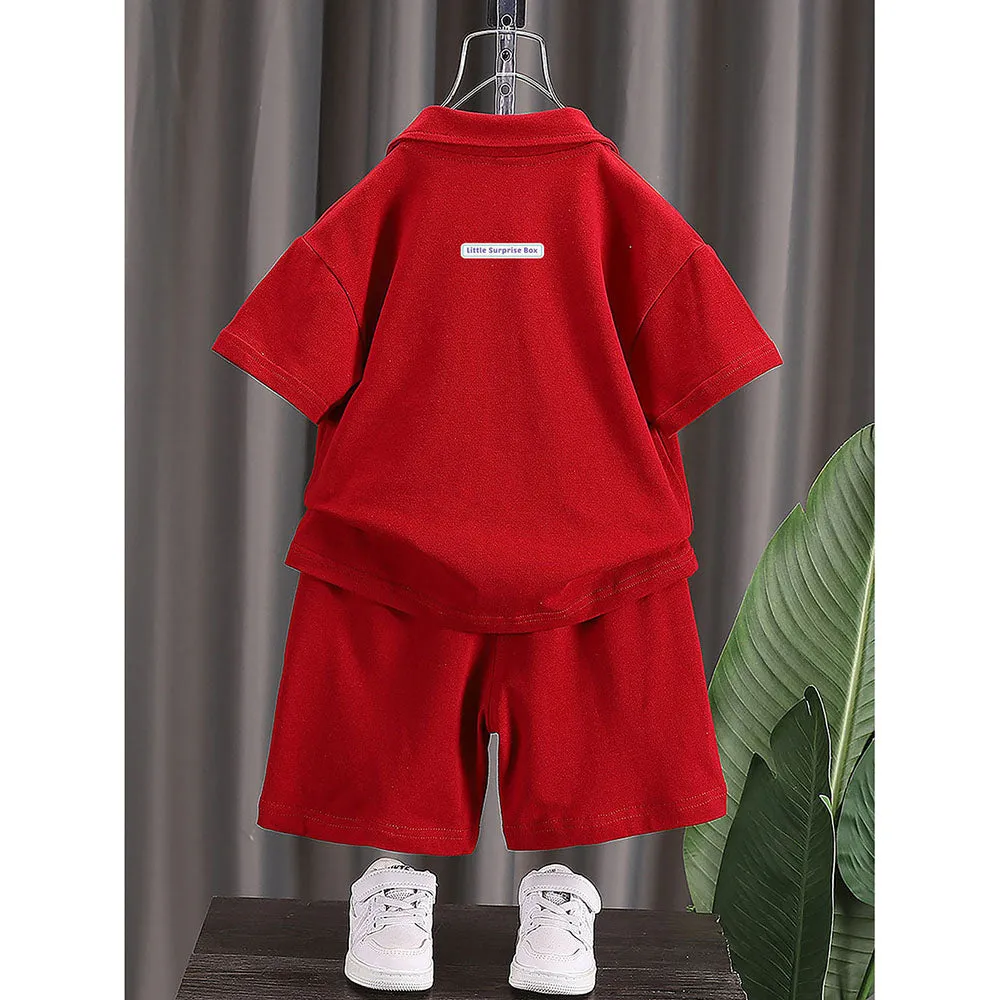 Red Long Legs Teddy 2 Pcs Shorts Set For Toddlers And Kids