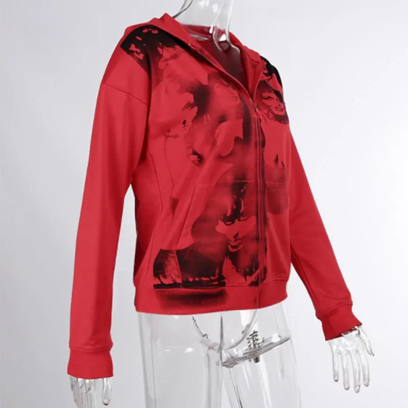 Red Zip Up Sweatshirt Autumn Jacket Clothes Oversize Hoodies Women Plus Size Vintage Pockets Long Sleeve Pullovers