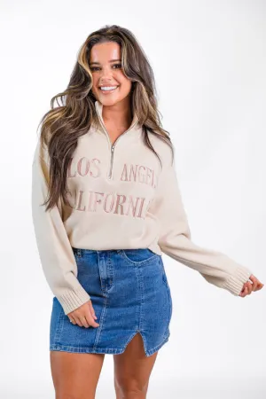 Roll With It Beige Los Angeles Embroidered Quarter Zip Sweater  SALE